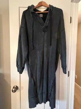 Free People Washed Teal Hooded Long Sweatshirt